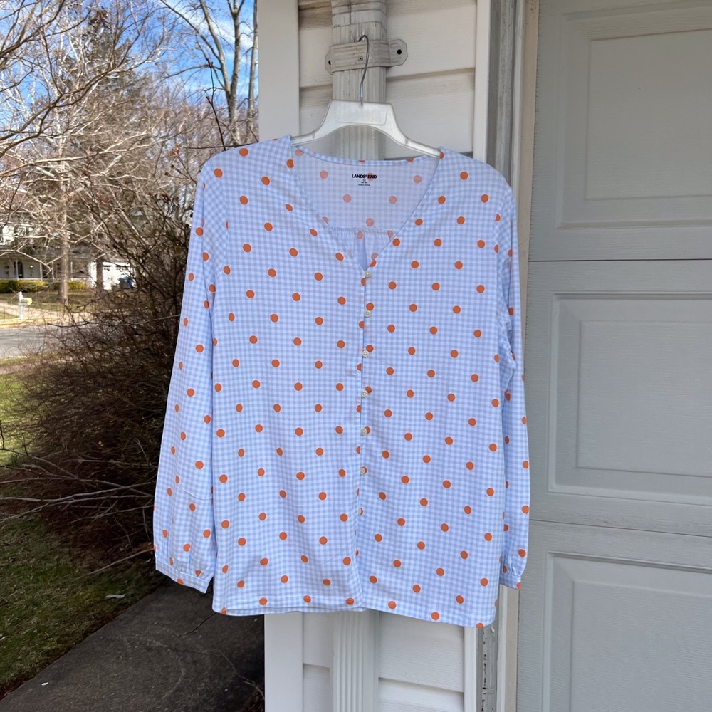 NWT Lands End Pretty Blue White Check Orange Polka Dot Long Sleeve Tencel Blouse